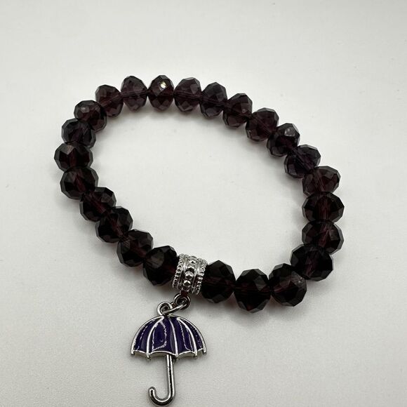SALE! Deep purple faceted crystal glass beaded bracelet with umbrella charm! - Picture 5 of 6